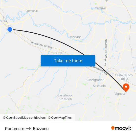 Pontenure to Bazzano map