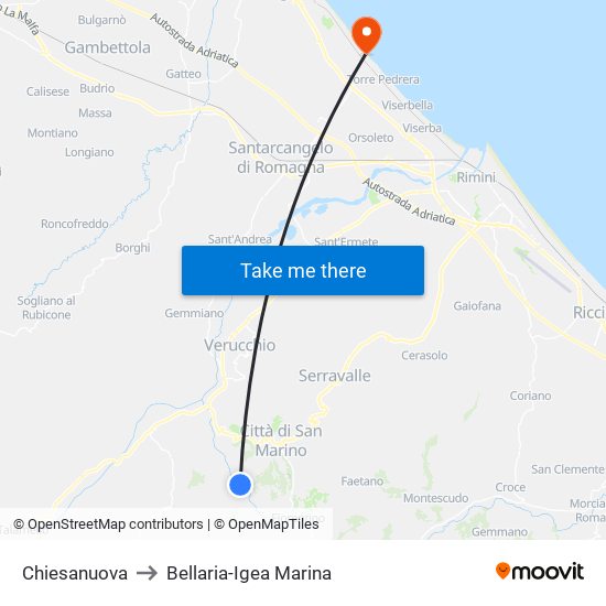 Chiesanuova to Bellaria-Igea Marina map