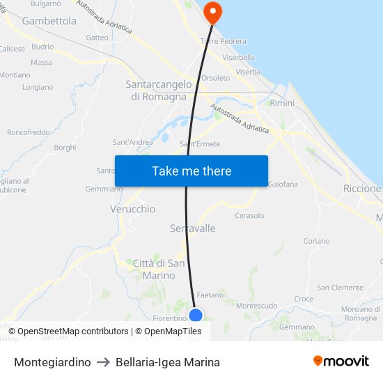 Montegiardino to Bellaria-Igea Marina map