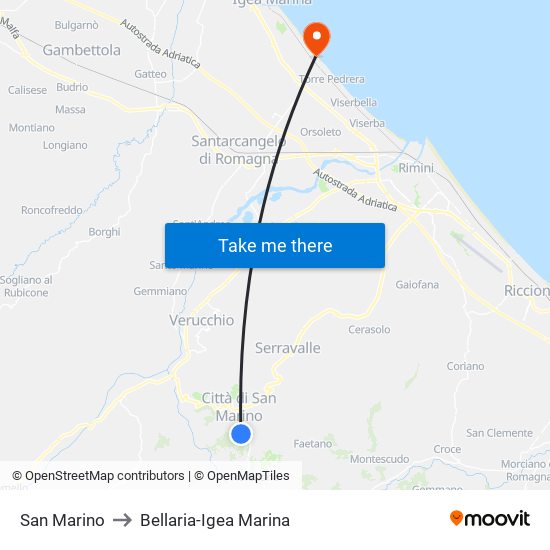 San Marino to Bellaria-Igea Marina map