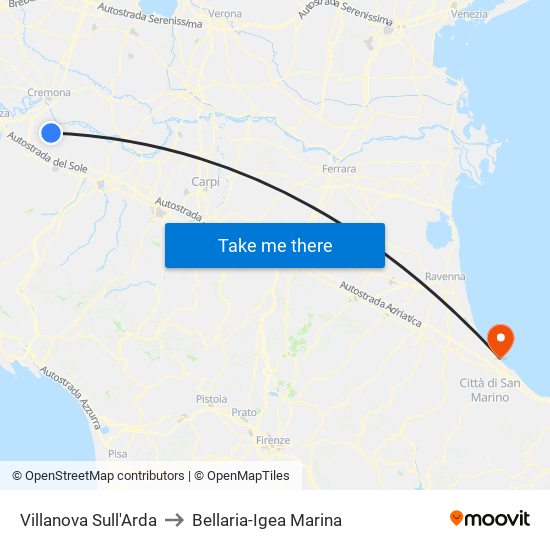 Villanova Sull'Arda to Bellaria-Igea Marina map