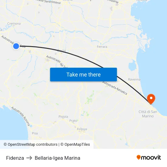 Fidenza to Bellaria-Igea Marina map