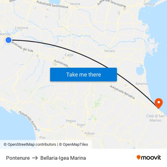 Pontenure to Bellaria-Igea Marina map