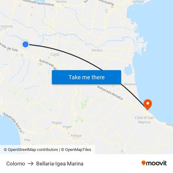 Colorno to Bellaria-Igea Marina map