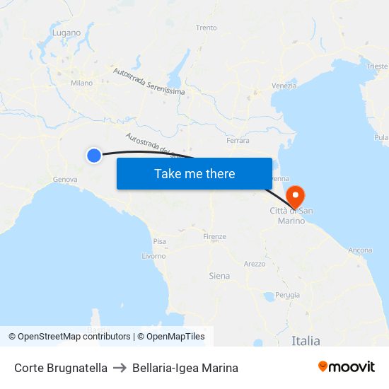 Corte Brugnatella to Bellaria-Igea Marina map