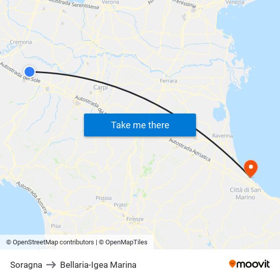 Soragna to Bellaria-Igea Marina map