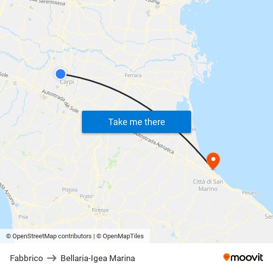 Fabbrico to Bellaria-Igea Marina map