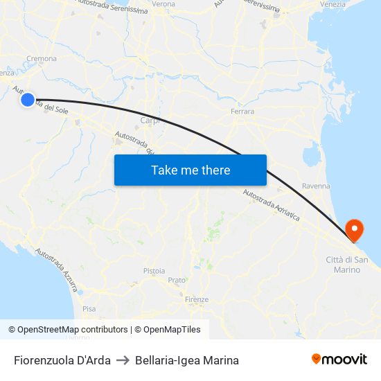 Fiorenzuola D'Arda to Bellaria-Igea Marina map