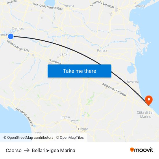 Caorso to Bellaria-Igea Marina map