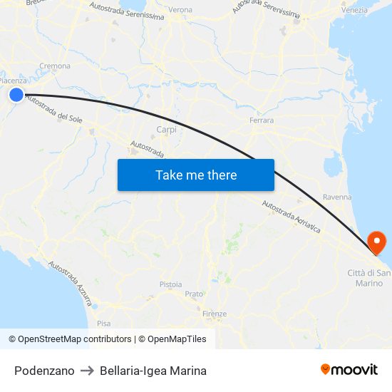 Podenzano to Bellaria-Igea Marina map