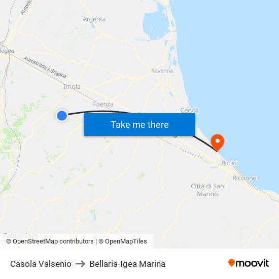 Casola Valsenio to Bellaria-Igea Marina map