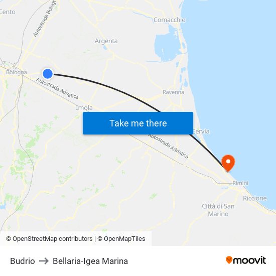 Budrio to Bellaria-Igea Marina map