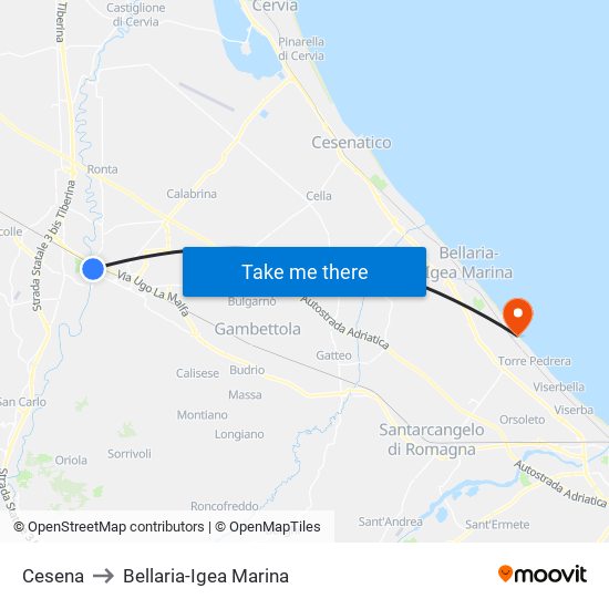 Cesena to Bellaria-Igea Marina map