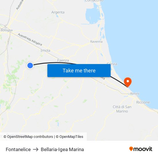 Fontanelice to Bellaria-Igea Marina map