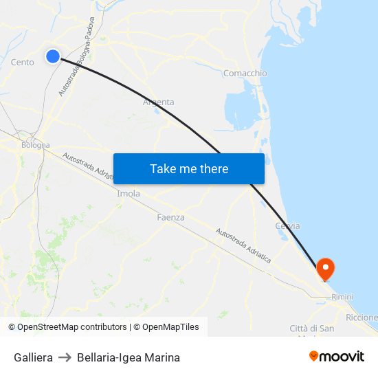 Galliera to Bellaria-Igea Marina map