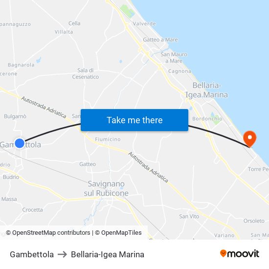 Gambettola to Bellaria-Igea Marina map