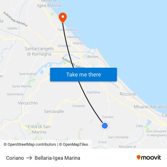 Coriano to Bellaria-Igea Marina map
