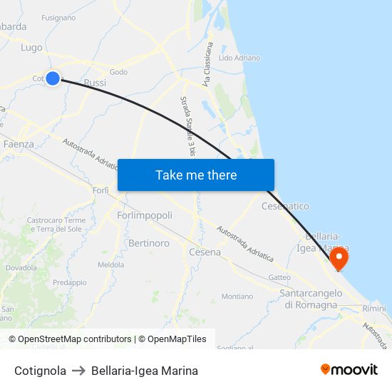 Cotignola to Bellaria-Igea Marina map