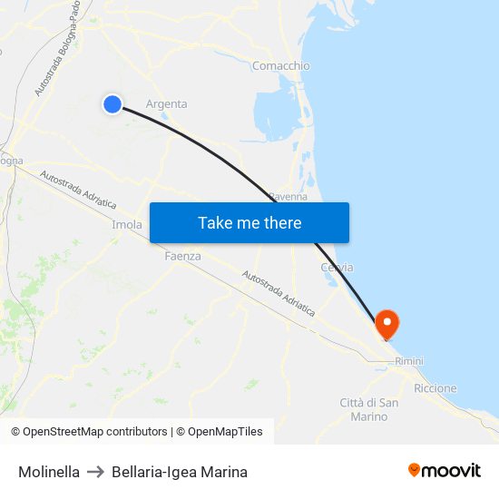 Molinella to Bellaria-Igea Marina map