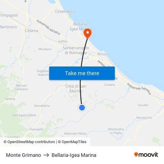 Monte Grimano to Bellaria-Igea Marina map