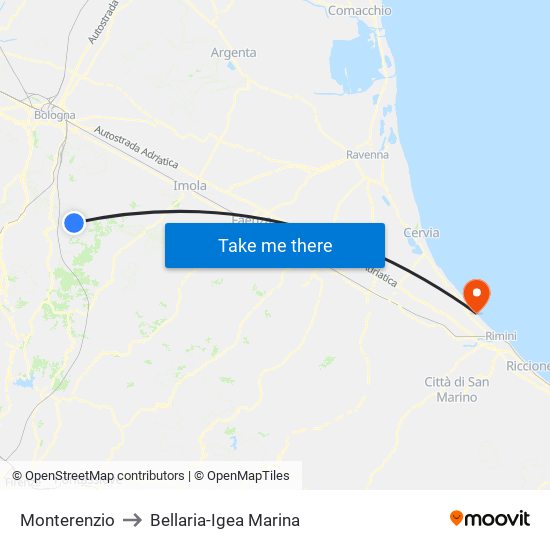 Monterenzio to Bellaria-Igea Marina map