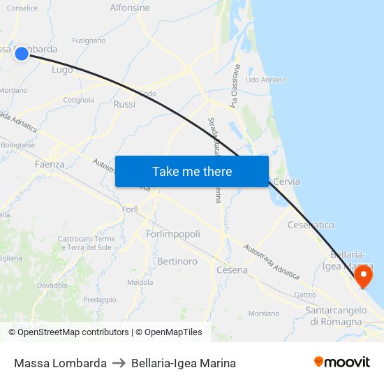 Massa Lombarda to Bellaria-Igea Marina map