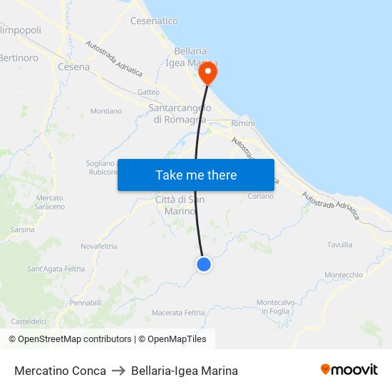 Mercatino Conca to Bellaria-Igea Marina map