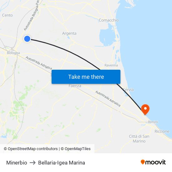 Minerbio to Bellaria-Igea Marina map