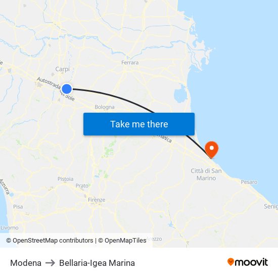 Modena to Bellaria-Igea Marina map