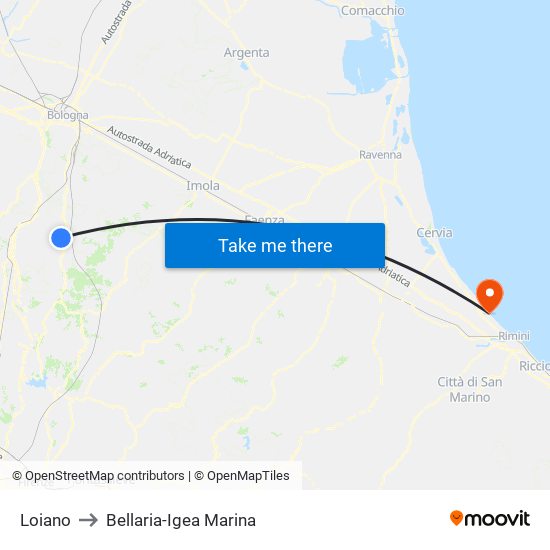 Loiano to Bellaria-Igea Marina map