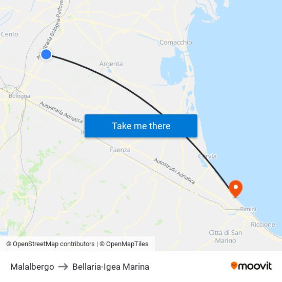 Malalbergo to Bellaria-Igea Marina map