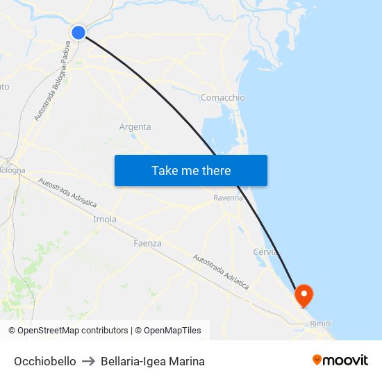 Occhiobello to Bellaria-Igea Marina map