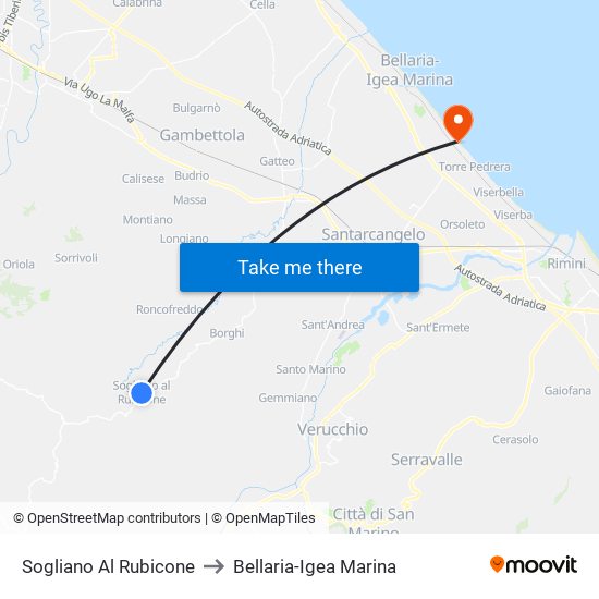 Sogliano Al Rubicone to Bellaria-Igea Marina map