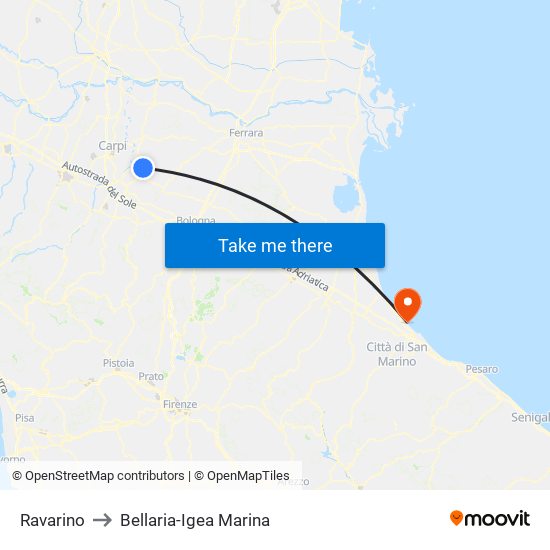 Ravarino to Bellaria-Igea Marina map