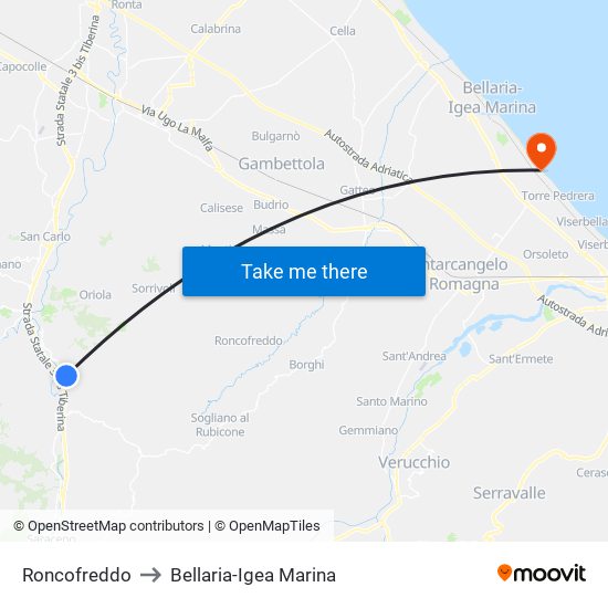 Roncofreddo to Bellaria-Igea Marina map