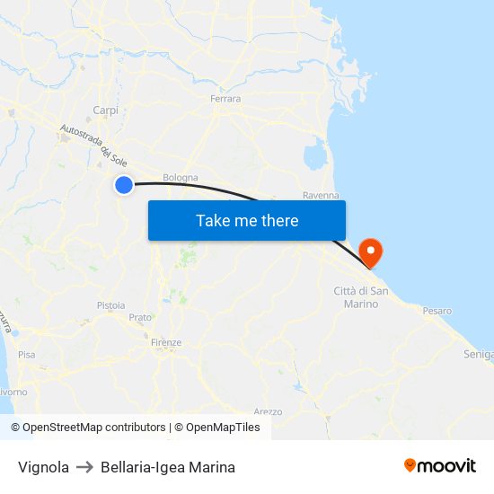 Vignola to Bellaria-Igea Marina map