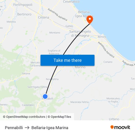 Pennabilli to Bellaria-Igea Marina map