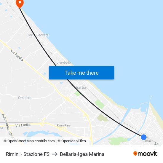 Rimini - Stazione FS to Bellaria-Igea Marina map