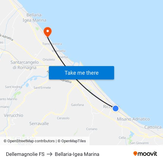 Dellemagnolie FS to Bellaria-Igea Marina map