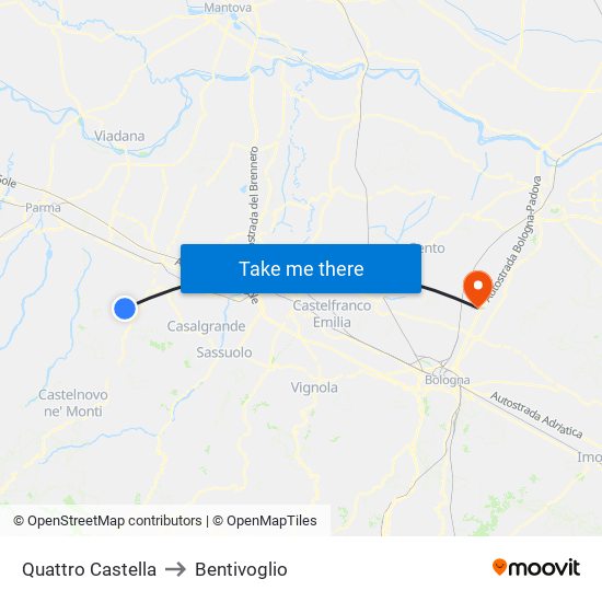Quattro Castella to Bentivoglio map