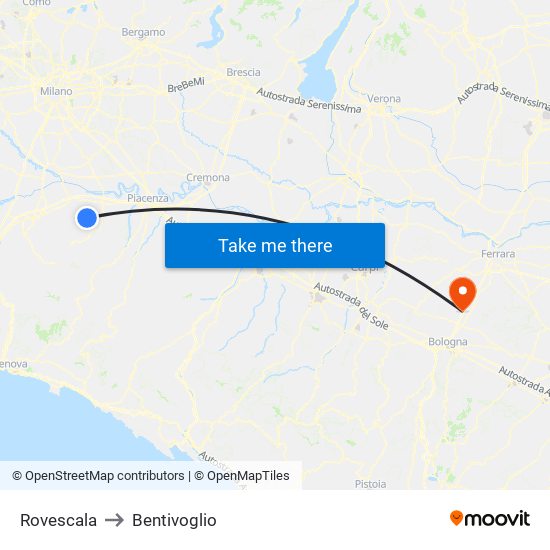 Rovescala to Bentivoglio map