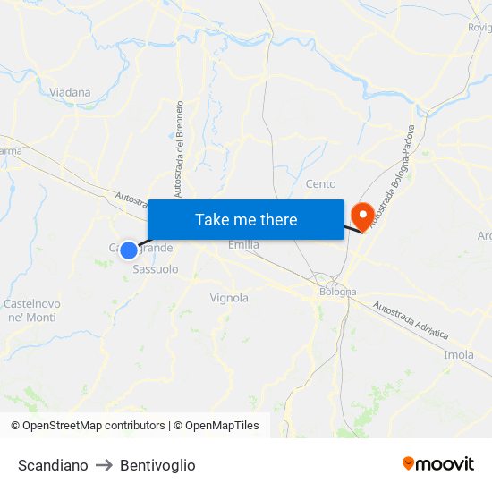 Scandiano to Bentivoglio map