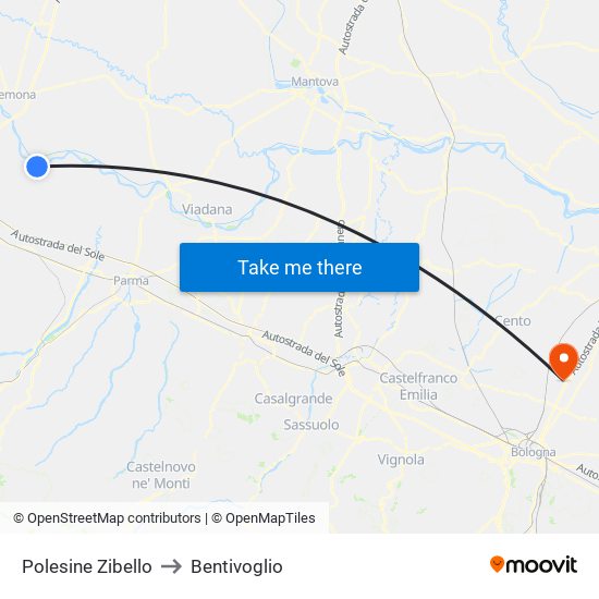 Polesine Zibello to Bentivoglio map