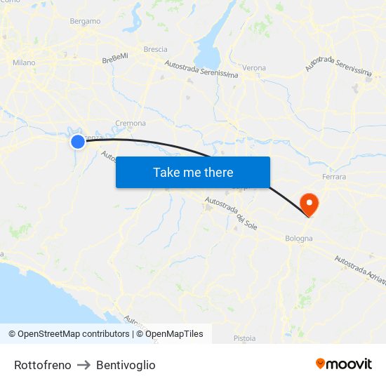 Rottofreno to Bentivoglio map