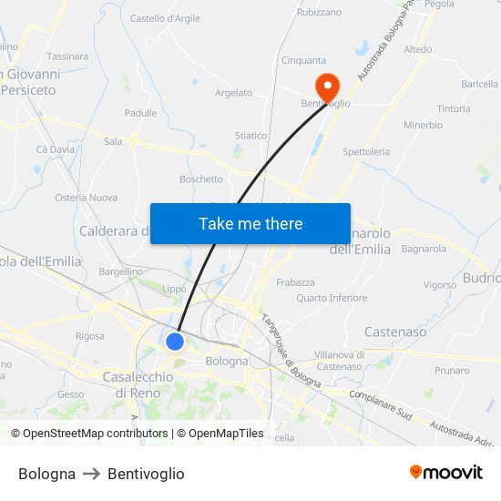 Bologna to Bentivoglio map