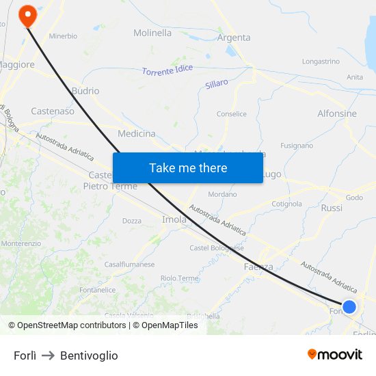 Forlì to Bentivoglio map