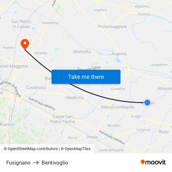 Fusignano to Bentivoglio map