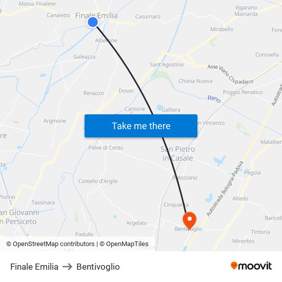 Finale Emilia to Bentivoglio map