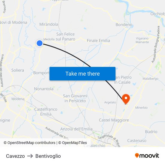 Cavezzo to Bentivoglio map