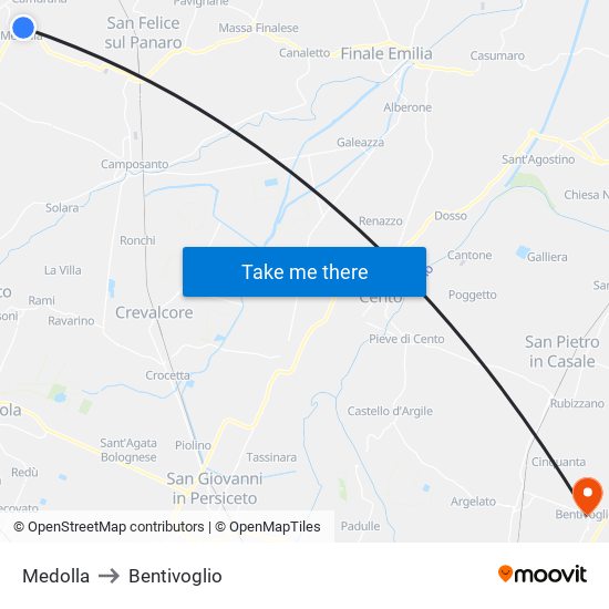 Medolla to Bentivoglio map